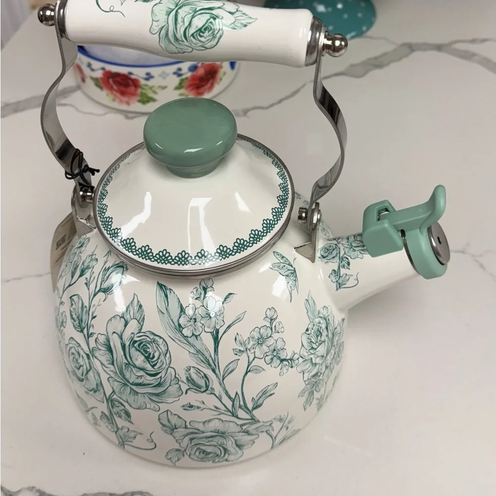 The Pioneer Woman Green and White Floral Teapot